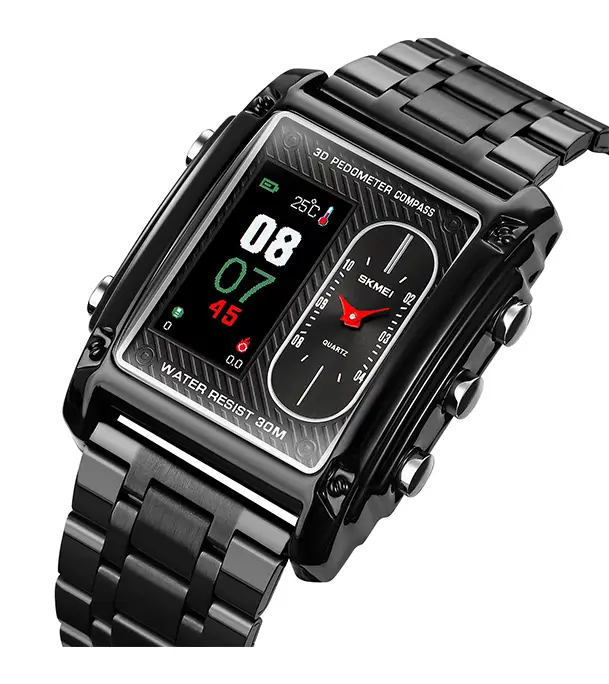 SKMEI 1802 Multifunction Square Compass & 3D Pedometer – Black mens watch