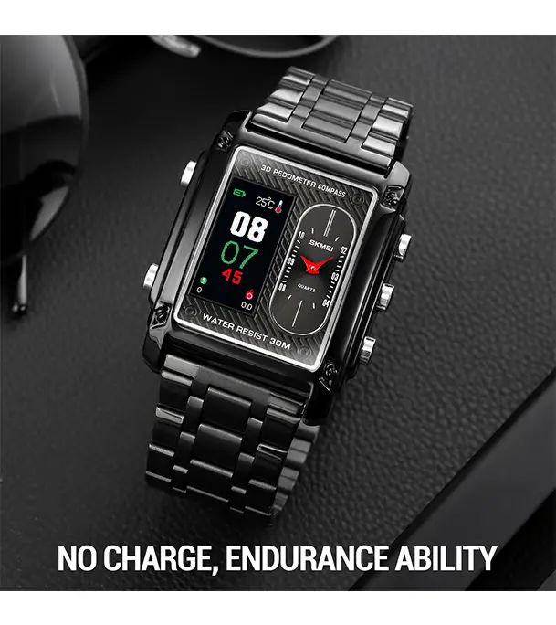 SKMEI 1802 Multifunction Square Compass & 3D Pedometer – Black mens watch