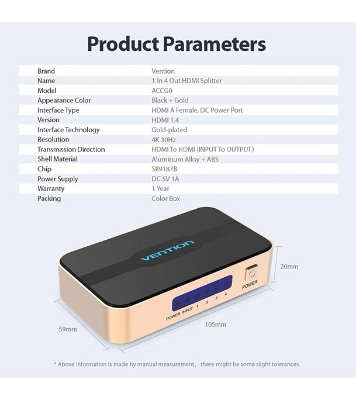 Buy VENTION ACCG0 1 In 4 Out HDMI Splitter Black  Online
