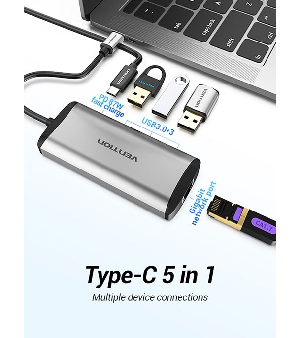 Buy VENTION TGDHB Type-C to USB 3.0*3/Gigabit Ethernet/PD Hub 0.15M Gray Metal Type Online