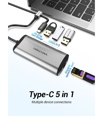 Buy VENTION TGDHB Type-C to USB 3.0*3/Gigabit Ethernet/PD Hub 0.15M Gray Metal Type Online