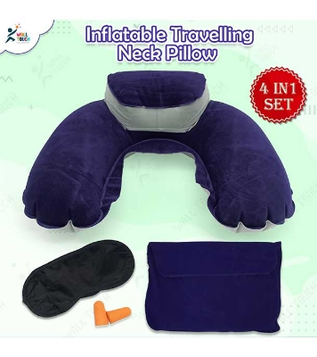 Picture of 4 in 1 Double Part Inflatable Travelling Pillow Set with Eye Mask Ear Plug & Pouch (travelling_pillow_2_ purple)