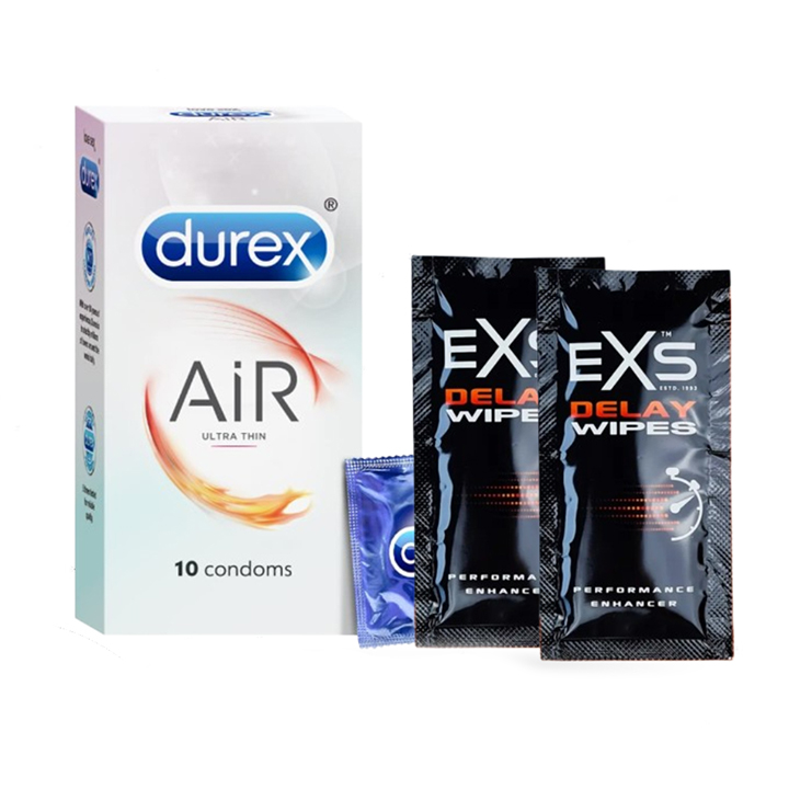Picture of Durex Air Ultra Thin Condom 10pcs Pack & EXS Delay Wipes 2pcs Long Lasting Extra Time Wipes | Wedding, Honeymoon, Valentine Couple Combo Pack
