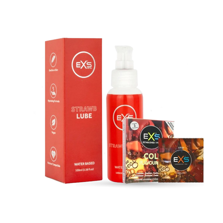 Picture of Valentine Day Special Combo Pack | EXS Strawberry Flavor Water-Based Lube 100ml & EXS Cola Flavor Condom 3pcs Pack | UK | Condom & Lube Combo for Valentine Lover Couple, Married Couple Gift