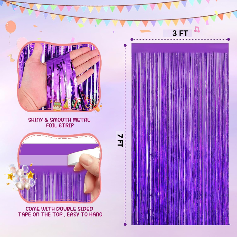 Birthday Combo Pack Purple Theme- Foil Banner, Backdrop Curtains, Metallic Balloons, Confetti, Arch, Both Site Tape, Star & Love Foil Balloon - Full Package (64 Pieces)