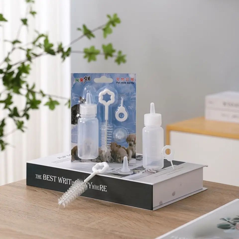 Picture of 60ml Cat Feeding Bottle Kit Pet Nursing Milk Bottle+Nipple Opener+Cleaning Brush+ Replacement Nipple for Newborn Kittens/Puppies