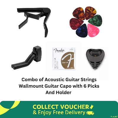 Picture of Combo of Acoustic Guitar Strings Wallmount Guitar Capo with 6 Picks
And Holder