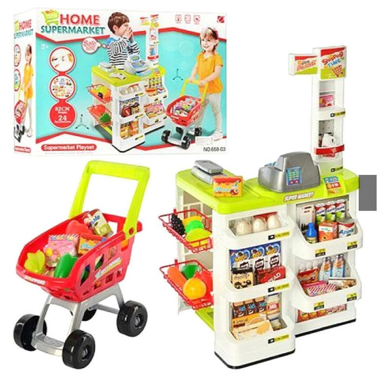 Buy Kids Supermarket Playset with Toy Shopping Cart, Toy Cash Register, Checkout Counter, Working Scanner, Play Money, 23 Play Food for Baby Pretend Play at Best Price In Bangladesh