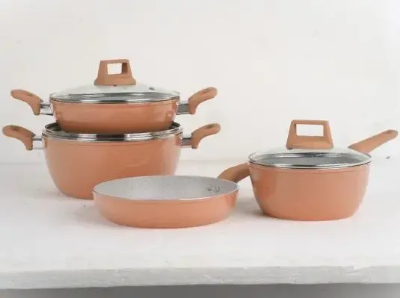 Picture of KIAM 7  PCS SET Die Casting Cookware Set With Glass Lid and Induction Bottom-  Brown 7in 1