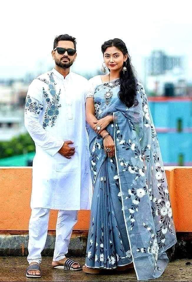 Buy stylesh-fashionable-best-hand-print-half-silk-saree-and-cotton-mixed-panjabi-for-man-and-women  at Best Prices in Bangladesh