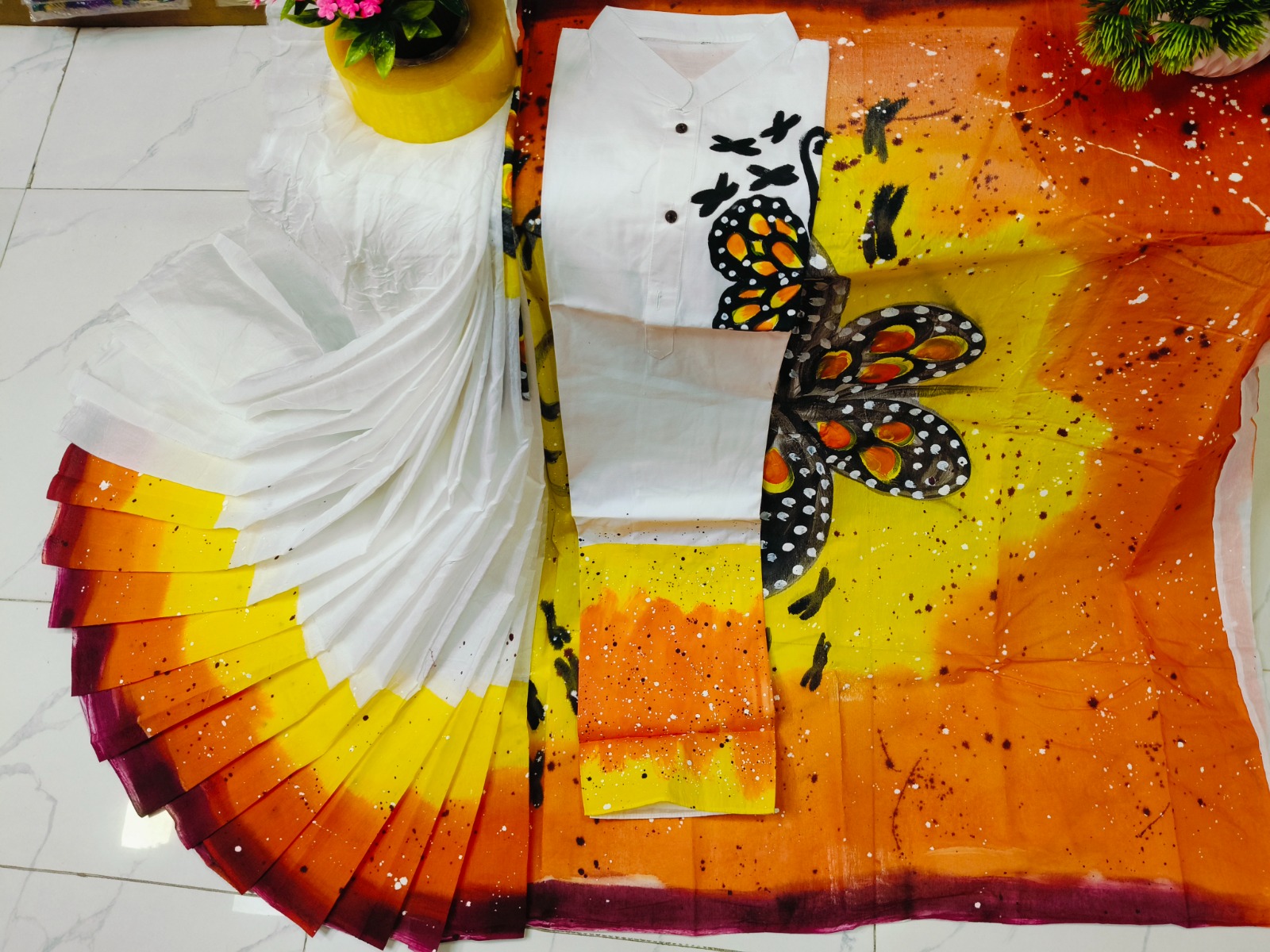 Buy stylesh-fashionable-best-hand-print-half-silk-saree-and-cotton-mixed-panjabi-for-man-and-women-  at Best Prices in Bangladesh