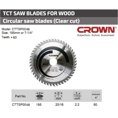 Picture of CROWN 7-1/4 " TCT Circular Saw Blade for Wood 185mm 60T CTTSP0043 - Kings Trading