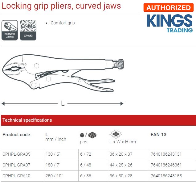 Picture of CROWN 10" Locking Grip Pliers, curved round Jaws 250mm CPHPL-GRA10  - Kings Trading