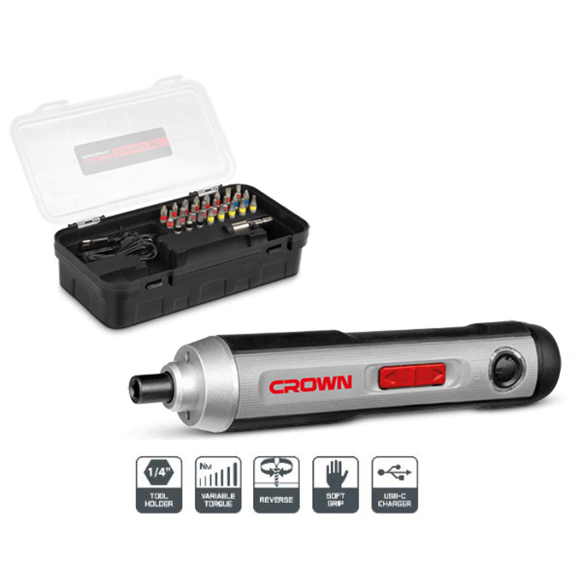 Picture of CROWN Cordless Screwdriver 3.6V (Li-on 2Ah), 6,6-7,2 Nm, with 25Pcs Screwdriver bit Accessories Plastic case pack Model: CT22033 - Kings Trading