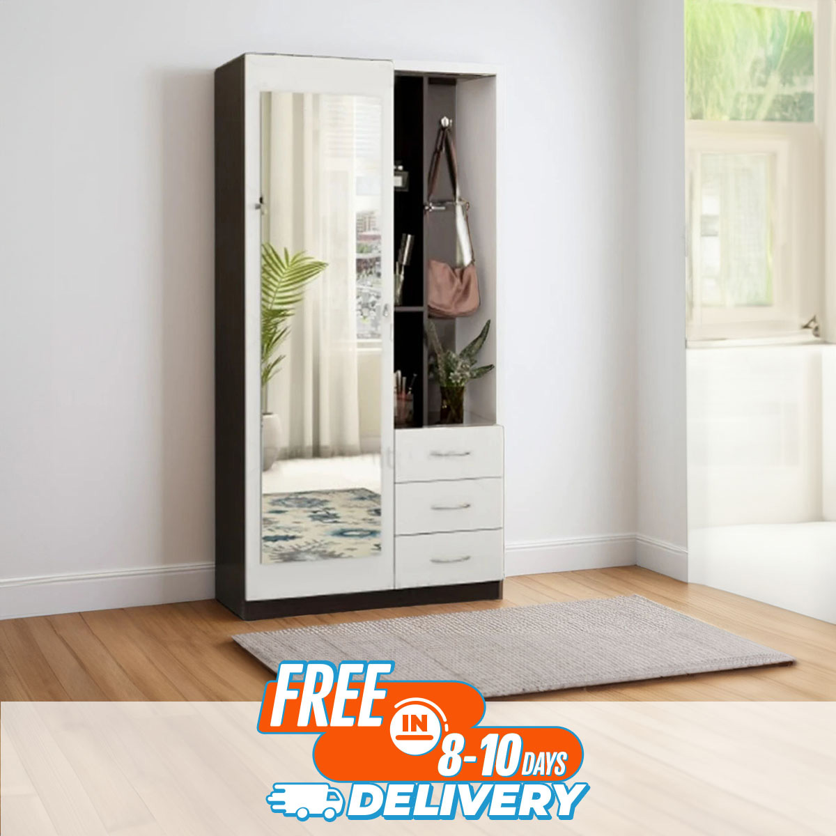 Picture of RK Melamine Laminated Board BOX Dressing Table With Shelves and Drawers Walnut -White Finish