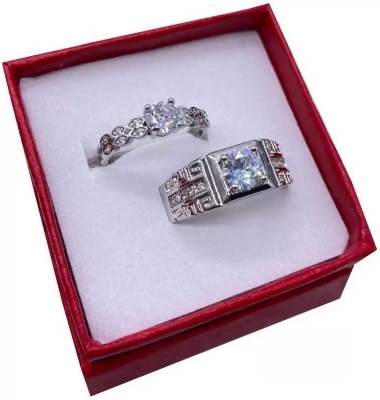Picture of American Diamond Cut Stone Couple Valentine's Day Finger Rings Stainless Steel Silver Plated Ring Set