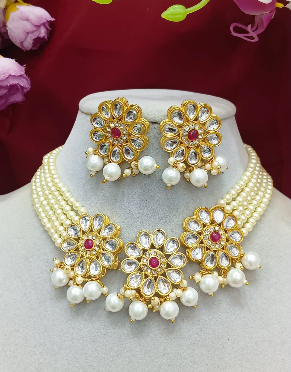 Picture of Indian Traditional High Quality kundan & Pearl Combination Gorgeous Necklace Set For Women