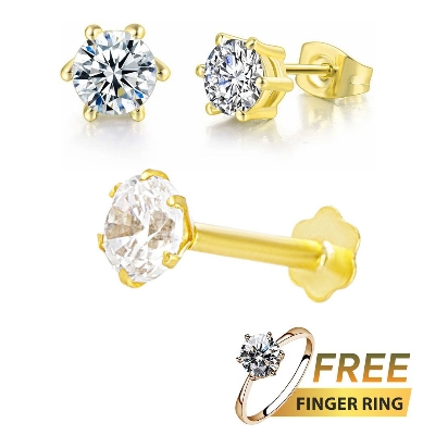 Picture of 9 Stone Traditional 18K Gold Diamond Cut Nosepin + Earpin & Free Finger Ring With Premium Box