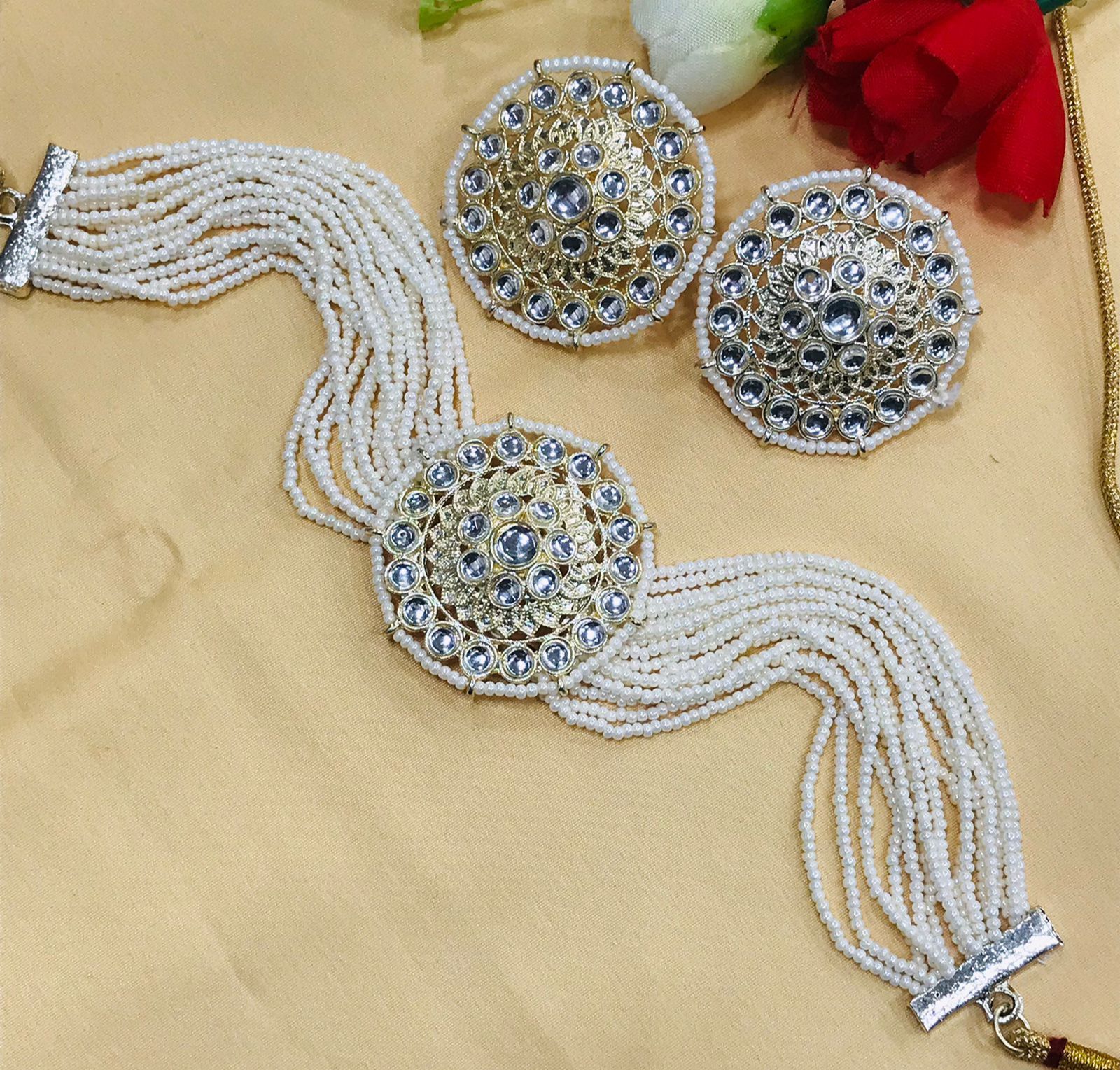 Picture of High Quality Kundan Stones Indian Fancy Pearls Faceted White Beaded Choker Necklace Set, Kundan Choker Set For Women