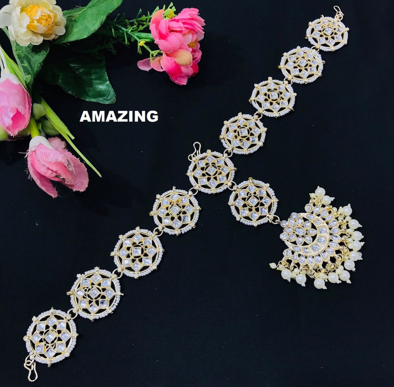 Picture of Indian TOF Floral Sheeshphool Matha Patti/Mang Tikka/Hair Pin/Hair Accessory in Kundan White Beadwork with Tikka for Women