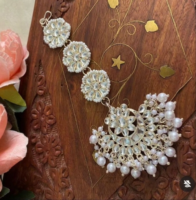 Picture of Indian Joypuri Kundan Stone & Faux Pearl Mixed Tikli For Girls Women