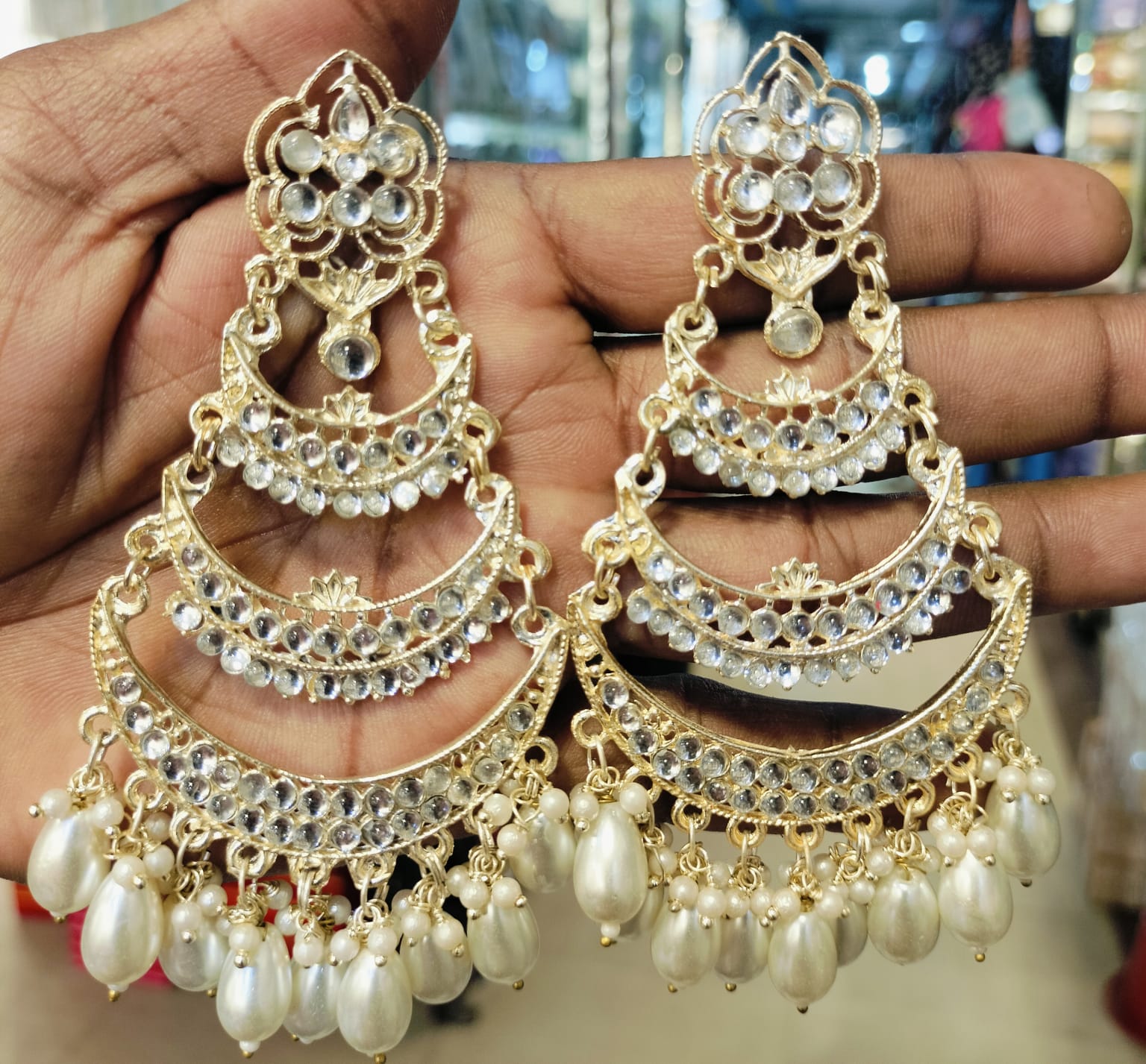 Picture of Kundan Chaandbali, Kundan earrings, Indian Earrings, Pearl earring, Big Golden chaandbai Earrings, bollywood Earrings, Polki Kundan Jewelry