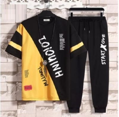 Picture of Black + Yellow Color Stylist Printed Half Sleeve T-Shirt - Full Pant (Set) for Men - Contrast Style Perfect for Casual Occasions and Mild Weather
