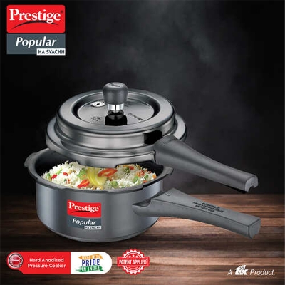 Picture of Prestige Popular Svachh Hard Anodised Outer Lid Pressure Cooker Deep Lid-Controls Spillage-Black-3 ltr