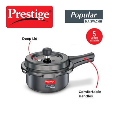 Picture of Prestige Popular Svachh Hard Anodised Outer Lid Pressure Cooker Deep Lid-Controls Spillage-Black-3 ltr
