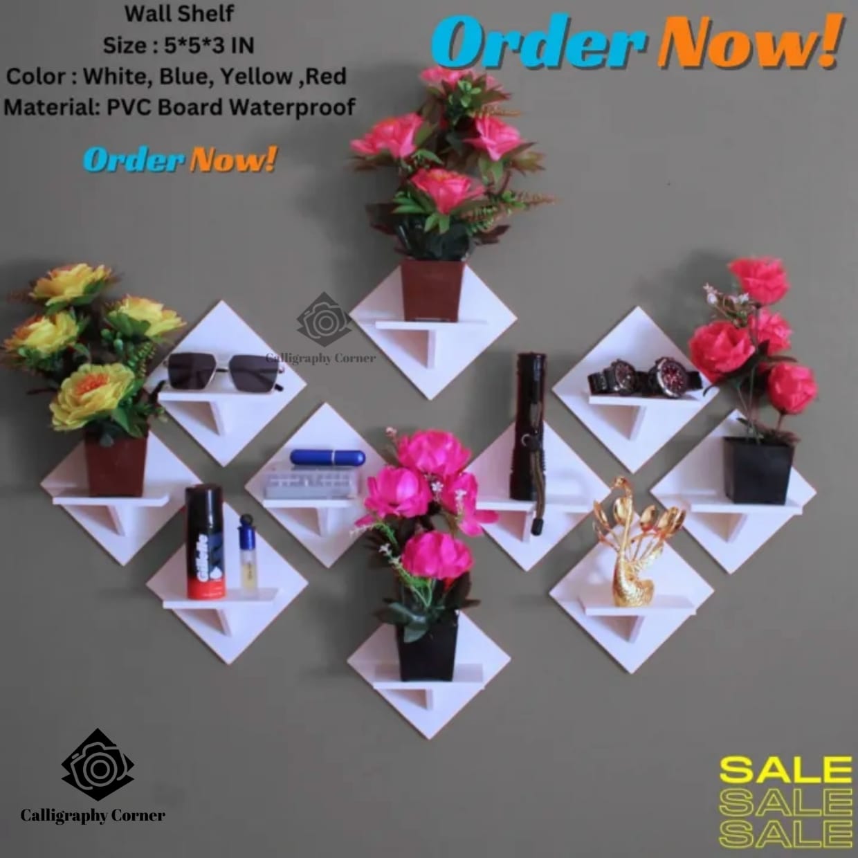 Picture of 1/3/5/10 Pcs Wall Hanging Kite Flower Stand . Self Adhesive Punch Free Wall Decorative Showpiece Holder Only . Only square Shape Stand