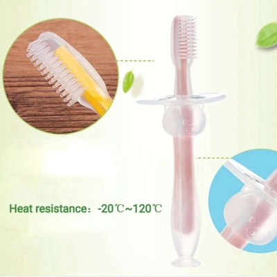 Picture of Baby training silicone three-dimensional milk toothbrush, standing suction cup toothbrush, silicone tongue coating soft bristle brush, bezel safety brush