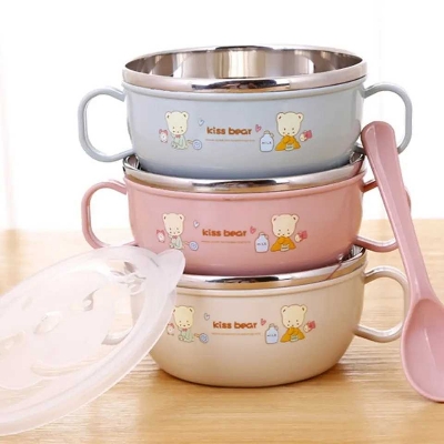 Picture of Baby Stainless Steel Feeding Bowl Spoon Set Thermal Insulation Bowl with Cover Handle Anti Falling Tablet Ware Children's Training Feeding Bowl