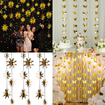 3D Golden Butterfly & Star Paper Garland Hanging Decorative String Banner for Home Ceiling Decor Birthday Party, Baby Shower and Wedding Decoration Supplies - (Pack of 9 Set)