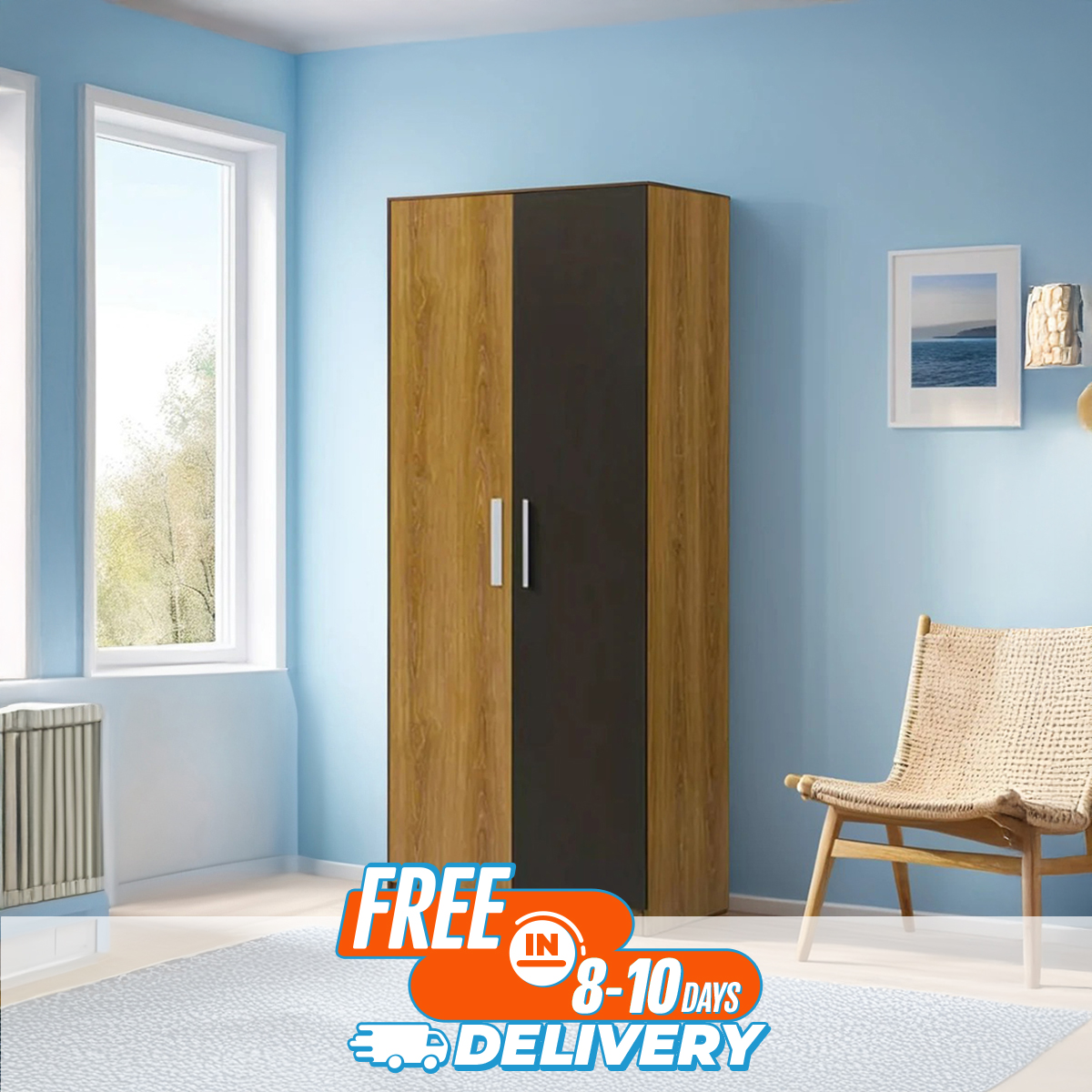 Picture of Furnisha 2 Door Almira with Middle Drawer with Lock and 1 Hanging Space with 2 Cloth Rack Storage Unit