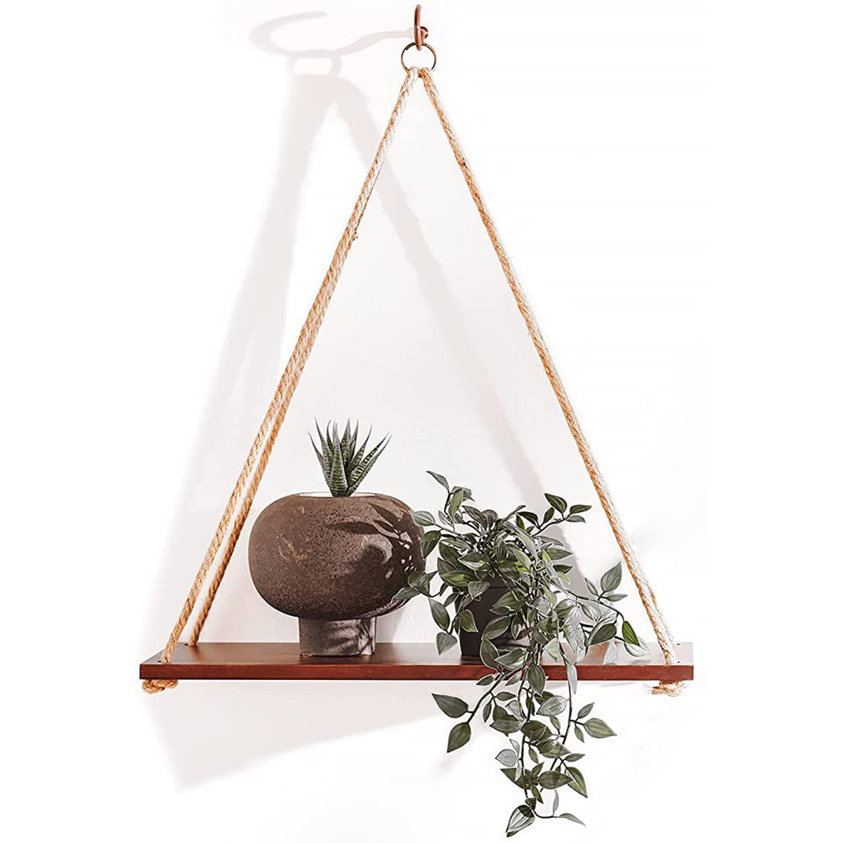 Picture of Wall Hanging Shelf, Chocolate Color Floating Shelves for Wall, Jute Rope Wall Mounted Float Swing Shelf with 2 Hooks, Rope Hanging Shelves Rustic Storage Rack for Home Office Decor