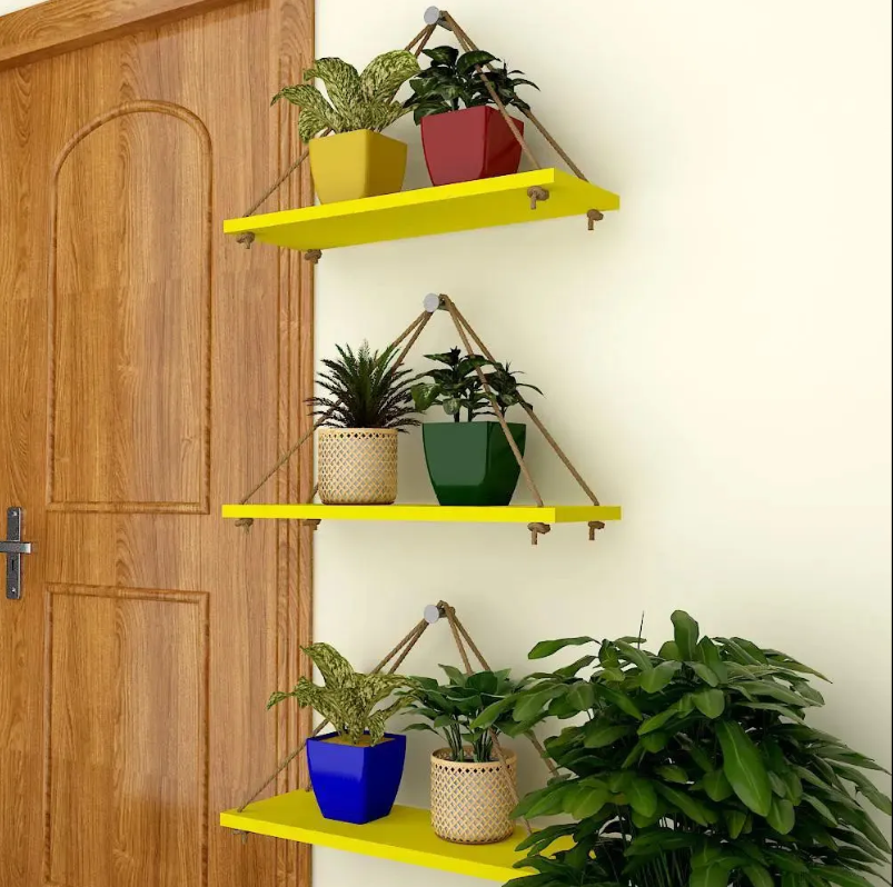 Picture of Wall Hanging Planter Shelf with Rope (Set of 3) Wall Rope Hanging Rack Shelves, Flower Pot Stand | Planter Stands for Your Living Room and Office