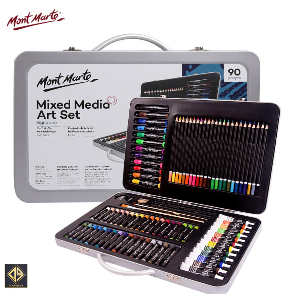 Picture of Mont Marte 90-Piece Premium Art Set, Wood Art Supplies for Painting and Drawing, Essentials Art Kit in Portable Aluminium Case, Includes Acrylic Paint, Oil Pastels, Color Pencils, Art Brushes