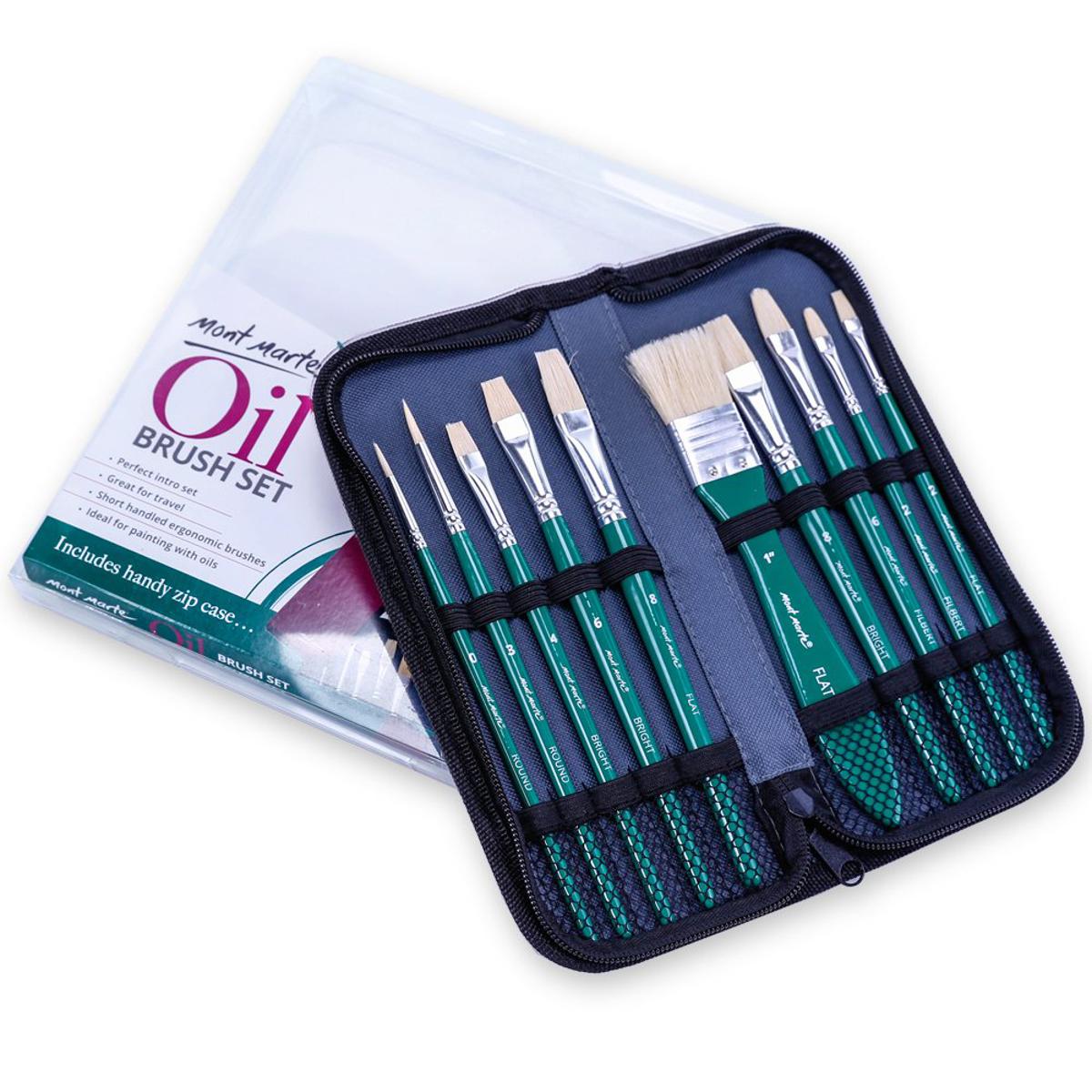 Picture of Mont Marte Art Paint Brushes Set for Painting, 10 Variety of Brushes Types for Class, Kids, Artists Hog Bristle Brush Set for Oil Painting