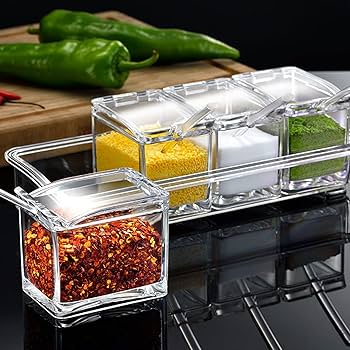 Picture of 4 IN 1 Crystal Seasoning Box Acrylic Spice Container Jar Condiment Dispenser With Spoon Set