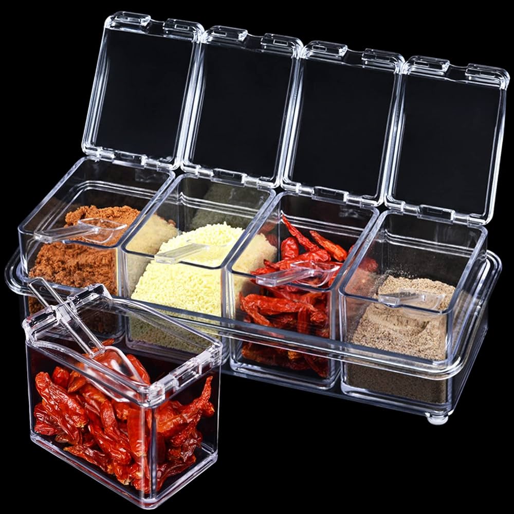 Picture of 4 IN 1 Crystal Seasoning Box Acrylic Spice Container Jar Condiment Dispenser With Spoon Set