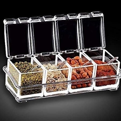 Picture of 4 IN 1 Crystal Seasoning Box Acrylic Spice Container Jar Condiment Dispenser With Spoon Set