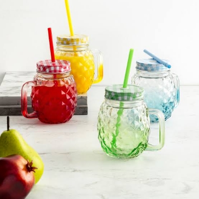 Picture of 500 ml (1 pcs )Colorful Pineapple Shape Glass Mason Jar with Handle and Metal lids for Fruit Juice or Cold Drink - Minimalistic Sophistication
