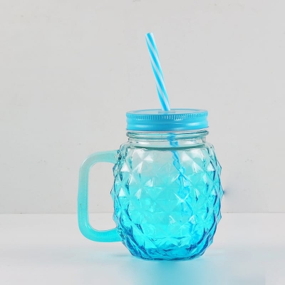 Picture of 500 ml (1 pcs )Colorful Pineapple Shape Glass Mason Jar with Handle and Metal lids for Fruit Juice or Cold Drink - Minimalistic Sophistication