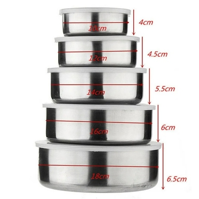 Picture of 5 Pcs Mixing Stainless Steel Food Storage Bowls Reusable Fresh-keeping Boxes with 5 Lids Set Cover Kitchen Cookware hot sale