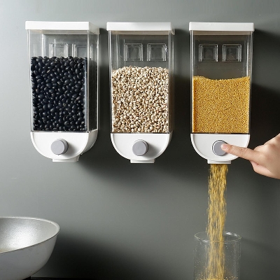 Picture of Kitchen Dry Food Storage Box Wall Mounted Cereal Dispenser Easy Press Container Kitchen Plastic Grain Organizer Canister
