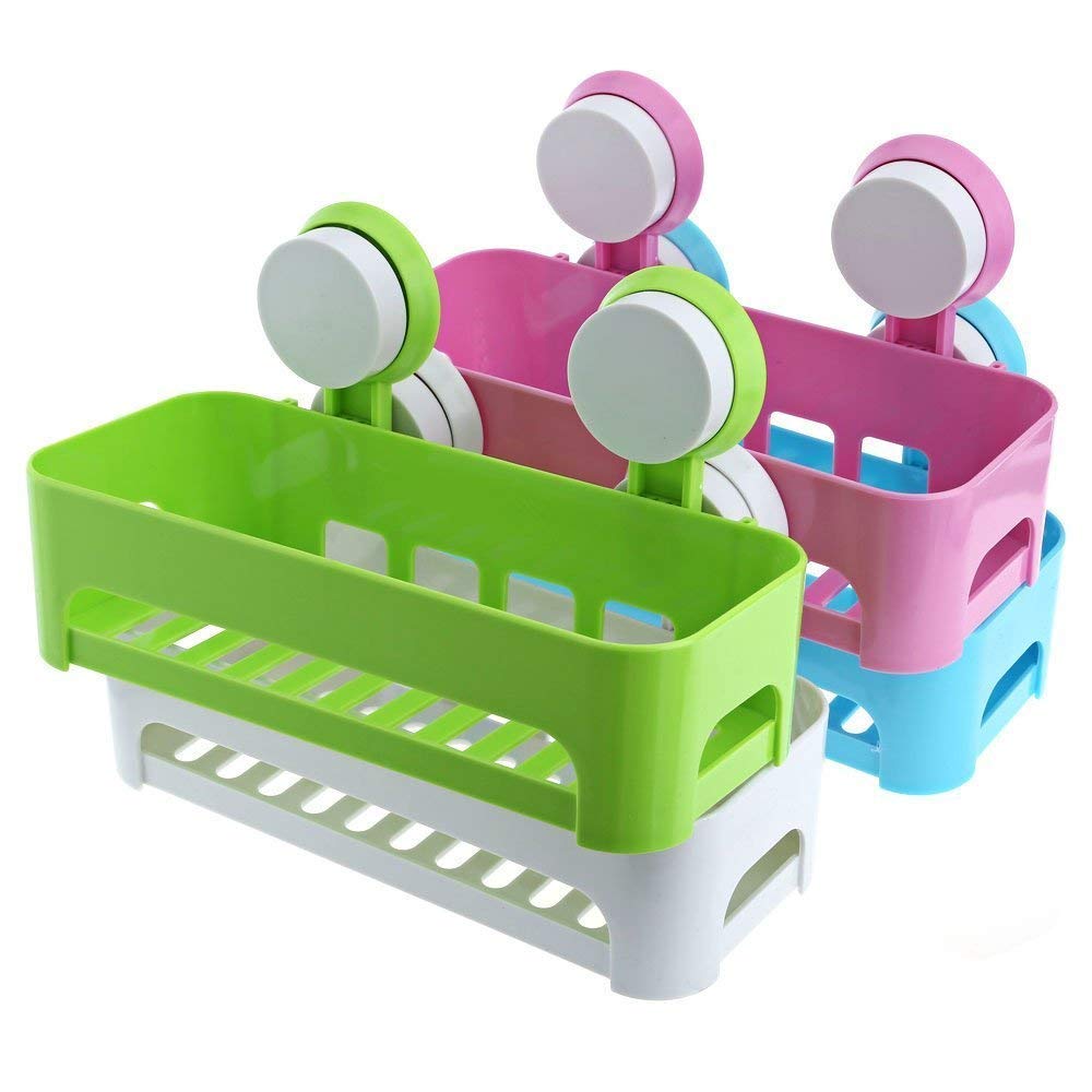 Picture of Plastic Vacuum Suction Shelf Wall Mounted Plastic Storage Rack Suction Bathroom Shelf Washroom Kitchen Toilets Shower Shampoo Storage Holder