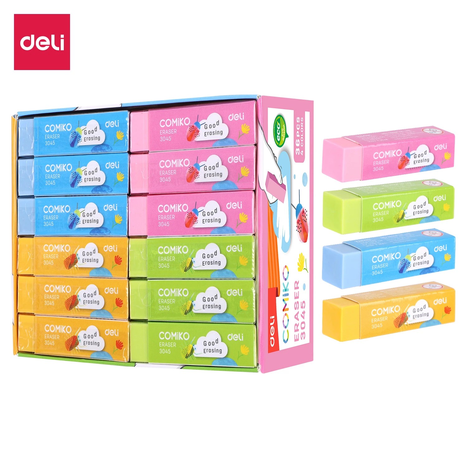 Picture of DELI E3045 High Quality Fresh Colour 4B Eraser 4 Pcs