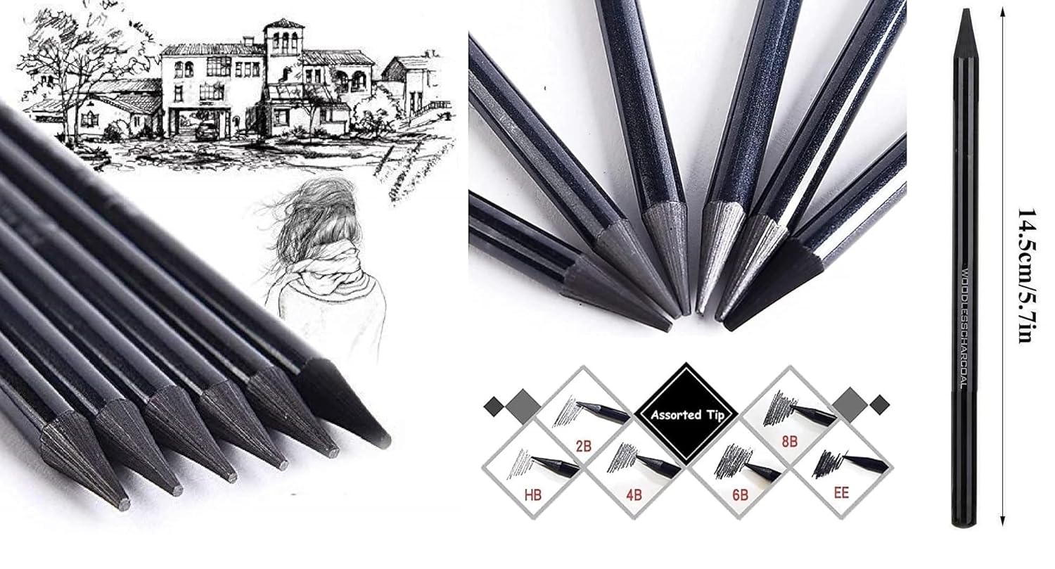Picture of Keepsmiling 3Pcs Wood Less Black Charcoal Pencil for Sketching Drawing and Other Artistic Work