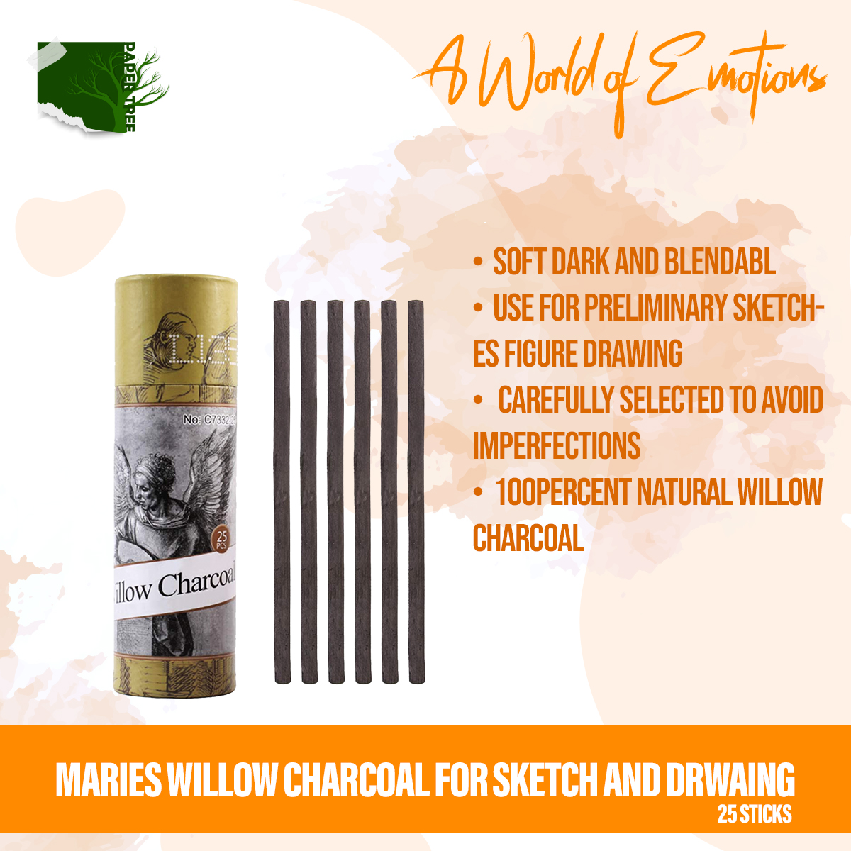 Picture of Maries Willow  Charcoal Sticks, Cotton Willow Sketch Charcoal Pencils For Drawing, Pack Of 25 (7-9 Mm Dia)