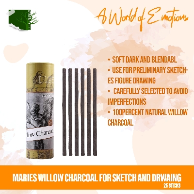 Picture of Maries Willow  Charcoal Sticks, Cotton Willow Sketch Charcoal Pencils For Drawing, Pack Of 25 (7-9 Mm Dia)